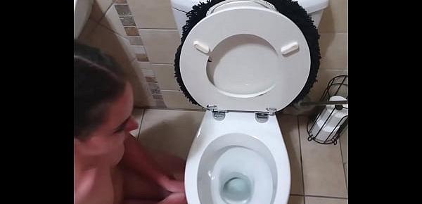  Pigtailed teen sucks dick after being pissed on and licking the toilet clean | face spitting and slapping